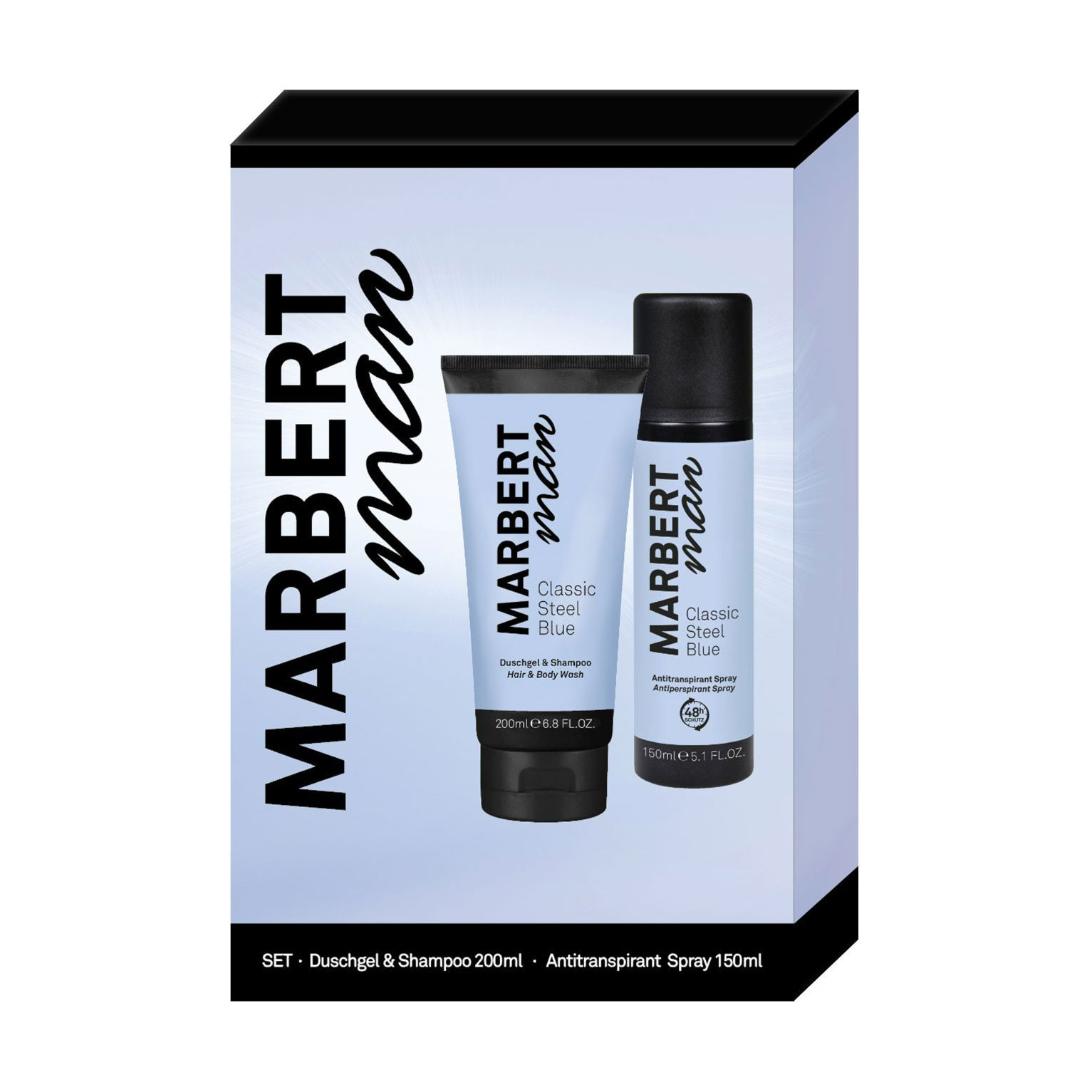 Чоловічий подарунковий набір Marbert Man Classic Steel Blue Set (шампунь та гель для душу, 200 мл + дезодорант-спрей антиперспірант, 150 мл)